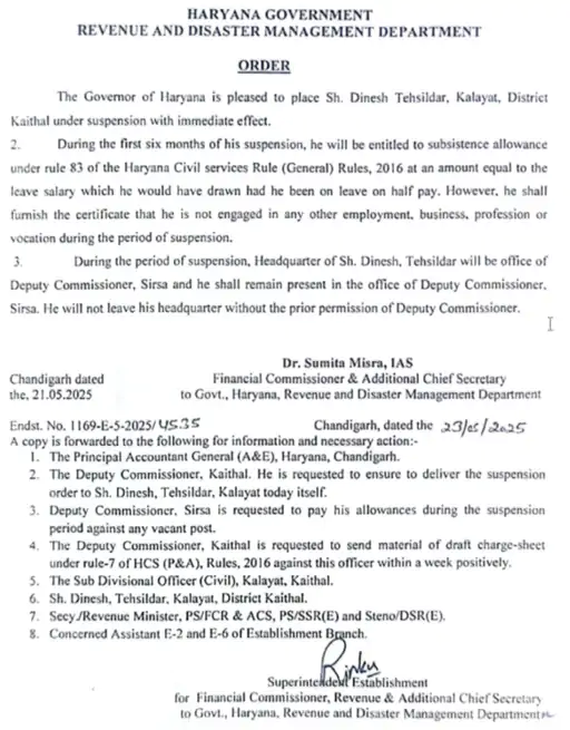 हरियाणा: कलायत के तहसीलदार दिनेश ढिल्लो सस्पेंड — रिश्‍तेदारों को फायदा पहुंचाने के लिए सरकारी दस्तावेजों में की छेड़छाड़