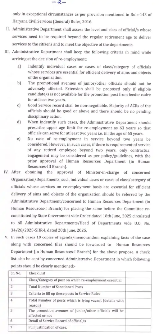 Haryana employees re-employment rules 2025Haryana govt retirement age news