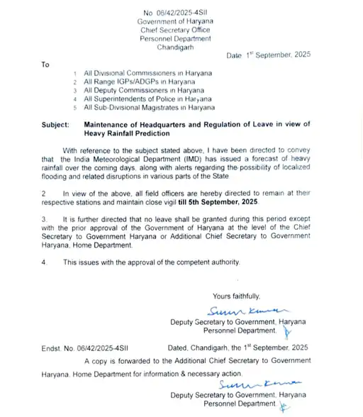 हरियाणा में सभी फील्ड अधिकारियों की छुटि्टयां रद्द